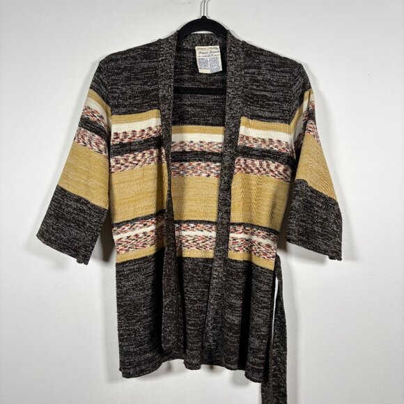 Vintage 70s Striped Cardigan Sweater Belted Cream Brown Boho western Size Xs - Picture 3 of 7